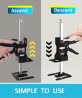 XKONE labor-saving arm jack, two-piece lifting tool with metal vertical arm and spring clamp, front and side views