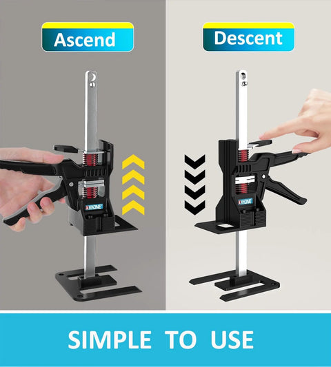 XKONE labor-saving arm jack, two-piece lifting tool with metal vertical arm and spring clamp, front and side views
