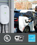 Level 2 Smart EV Charger With Wi Fi 48 Amp 208 240 VAC 11.6 kW Output 18 Foot Cable Indoor Outdoor Hardwired EV Charging Station Plug And Play App Control For Home Use EVSE Ready mounted on wall with man charging electric car