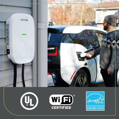 Level 2 Smart EV Charger With Wi Fi 48 Amp 208 240 VAC 11.6 kW Output 18 Foot Cable Indoor Outdoor Hardwired EV Charging Station Plug And Play App Control For Home Use EVSE Ready mounted on wall with man charging electric car