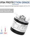 38mm Incremental Rotary Encoder With 8mm Half Hollow Shaft Optical Switch And Pro Grade High Resolution PPR Options 10 1024 1800 2500 3600 5 To 24V DC Pulse Drive Output displayed with IP54 protection details