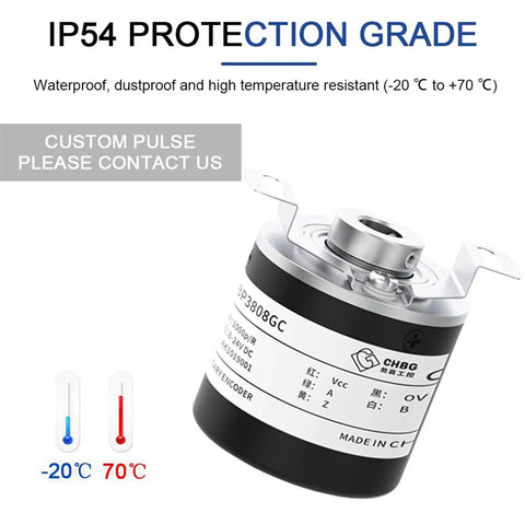 38mm Incremental Rotary Encoder With 8mm Half Hollow Shaft Optical Switch And Pro Grade High Resolution PPR Options 10 1024 1800 2500 3600 5 To 24V DC Pulse Drive Output displayed with IP54 protection details