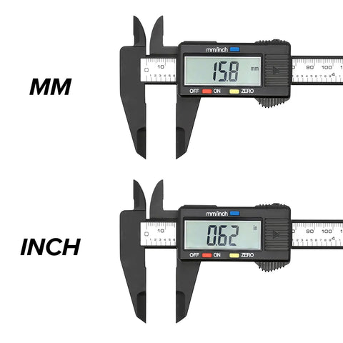 Handy Digital Caliper With Inch To Millimeter Conversion Extra Large LCD Screen displaying measurements in mm and inch