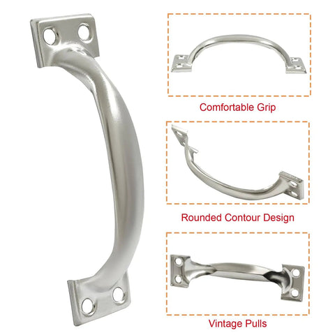 4 Pcs Silver Vintage Barn Door Pull Handles Set With Screws Included, Retro Metal Gate Pulls for Cabinets and Drawers, front and side views