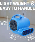 Pro Grade Heavy Duty Industrial Air Mover And Carpet Dryer, 2800 CFM, portable blue blower with handle, dimensions shown