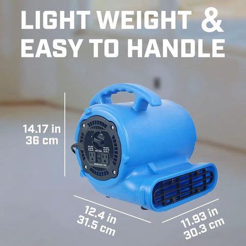 Pro Grade Heavy Duty Industrial Air Mover And Carpet Dryer, 2800 CFM, portable blue blower with handle, dimensions shown