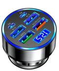 Top view of Six In One Car Charger With Voltmeter Display 120W Powerhouse Fast Charge QC3 0 PD Ports USB C Lighter Adapter For iPhone and Android