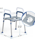 Adjustable Toilet Seat Riser With Plush Pu Foam Pad For Elderly And Seniors Quick Height and Width Dial shown with dimensions.