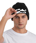 Premium Black And White Piano Plate Grid Knit Beanie Super Soft Winter Hat For Men And Women worn by a male model