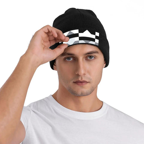Premium Black And White Piano Plate Grid Knit Beanie Super Soft Winter Hat For Men And Women worn by a male model