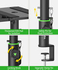Close-up of Set Of 2 Dual Side Clamping Studio Monitor Stands, showing EVA pad, safety pin, locking knob, and desk clamp details.