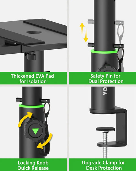 Close-up of Set Of 2 Dual Side Clamping Studio Monitor Stands, showing EVA pad, safety pin, locking knob, and desk clamp details.