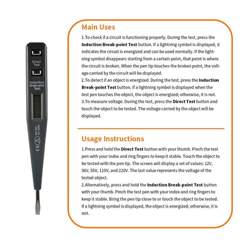 Image of an LED voltage detector pen from the 5 In 1 Self Adjusting Wire Stripper Kit With Automatic Wire Stripper For AWG 24 To 10 LED Voltage Detector Pen 23 Ft Insulating Tape 99 Insulated Terminals And 25 Cable Ties DIY Electrical Tool Set, highlighting its main uses and usage instructions.