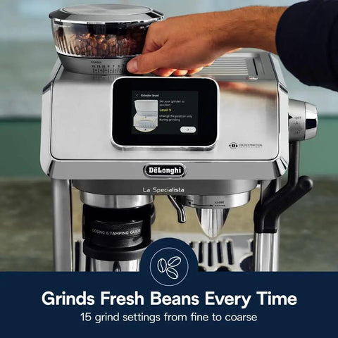 La Specialista Touch Espresso Machine With Grinder And Milk Frother For Home Barista Quality Brews Cold Brew And Iced Coffee Maker With Burr Grinder 10 Drink Presets Compact Bean To Cup Design showing digital display and grinder