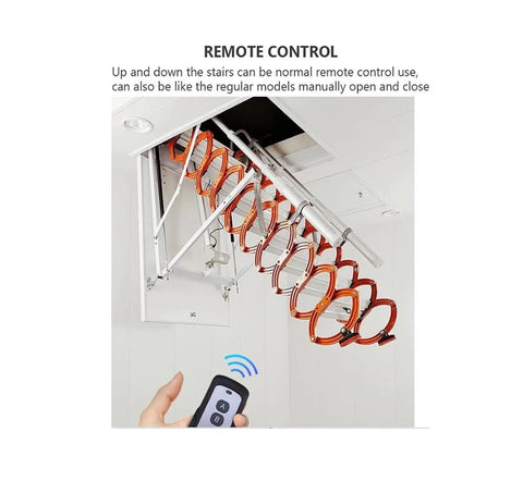 Top Shelf Electric Pulldown Attic Ladder With Smooth Folding Loft Stairs No Fuss Roof Access Plus Heavy Duty Extension Kit showing remote control use.