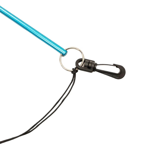 Close-up of the lanyard attachment on a 13 Inch Aluminum Lobster Tickle Pointer Stick With Lanyard And Measurement Guide for diving.