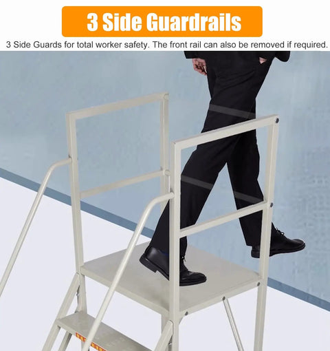 Rock Solid Rolling Warehouse Ladder With Spacious Work Platform And Slick Glide Casters Portable Industrial Step Stool For Adults, with three side guardrails for safety.