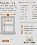 Diagram showing how to measure window width and length for curtain panels. Includes panel suggestions based on window width.