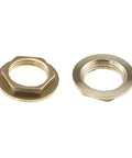 Rock Solid Pro Grade Brass Lock Nuts For Pipe Fittings 4 Pack 1/2 Inch Npt Female Hex Flange Nuts with sealing washers on display.