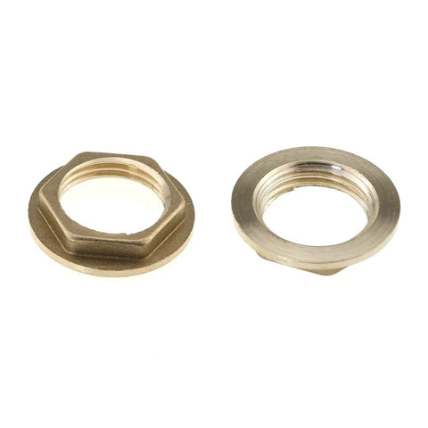 Rock Solid Pro Grade Brass Lock Nuts For Pipe Fittings 4 Pack 1/2 Inch Npt Female Hex Flange Nuts with sealing washers on display.