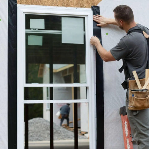 Installer applying Pro Grade All Weather Flashing Tape For Windows And Doors 6 Inch Wide 75 Foot Roll Black with Advanced Acrylic Adhesive