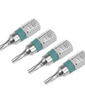 4 Pack T8 Security Torx Screwdriver Bits with 1/4 Hex Shank and Magnetic Tips, S2 steel, designed for heavy duty repairs.