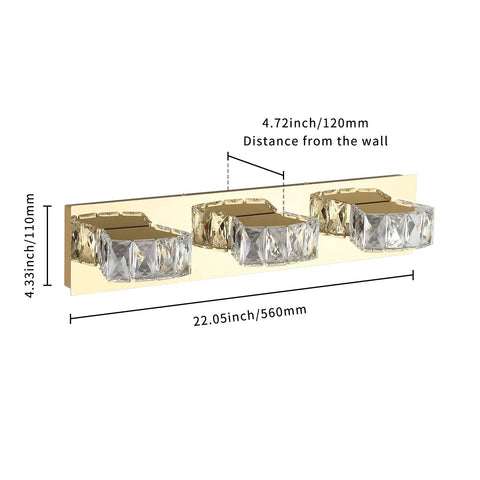 Dimmable Three Light Vanity Lights For Bathroom Over Mirror 22 Inch Modern LED Wall Sconces with dimensions and gold finish.