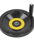 Pro Grade Heavy Duty Table Saw Hand Wheel with 22mm center hole, 250mm diameter, and revolving handle for precise machining.