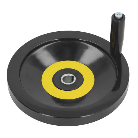 Pro Grade Heavy Duty Table Saw Hand Wheel with 22mm center hole, 250mm diameter, and revolving handle for precise machining.