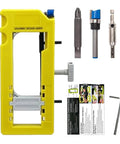 All-In-One Door Hinge Jig Kit For Routers, Adjustable Template For Three To Five Inch Door Hinge Mortises, shown with tools