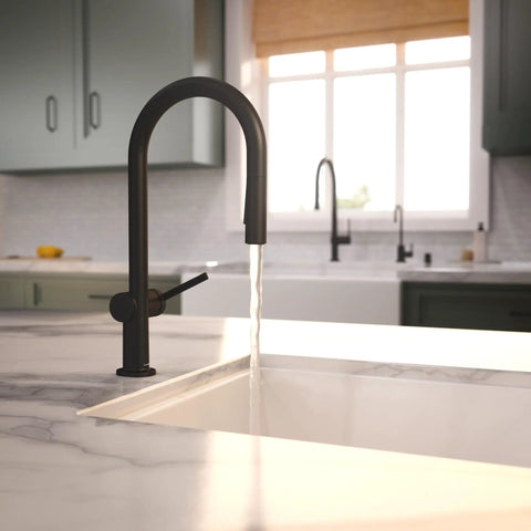 hansgrohe Talis N Pull Down Kitchen Faucet, Modern, Magnetic Hand Sprayer, 1-Handle, 1.75 GPM, Matte Black, 72865671 with water flowing