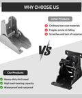 Heavy Hitter Folding Table Leg Brackets Four Pack Zero To Ninety Degree Self Locking Hinges comparison of sturdy black and silver hinges.