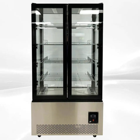 Commercial Upright Freezer With Two Swing Glass Doors And Four Side Transparent Panels Delivers spacious view of interior shelves.