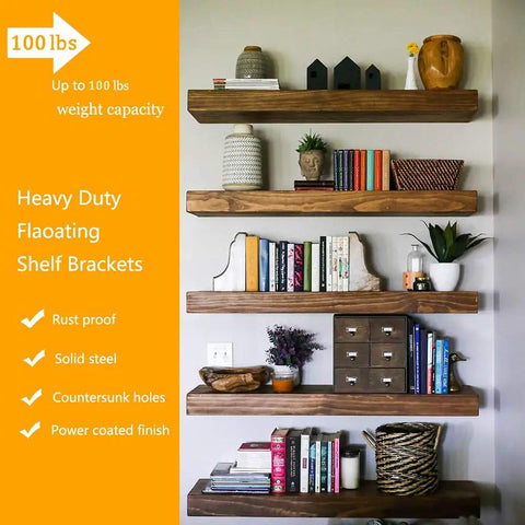 Heavy Duty Floating Shelf Bracket Set Of 6 Solid Steel Hidden Shelving Supports for Wood Shelves on Living Room Wall