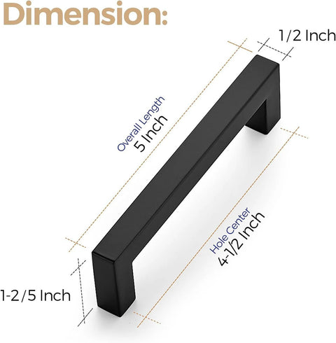 12 Pack Square Cabinet Handles 4.5 Inch Center To Center Matte Black Drawer Pulls for Cabinets Cupboards Drawers Dimensions