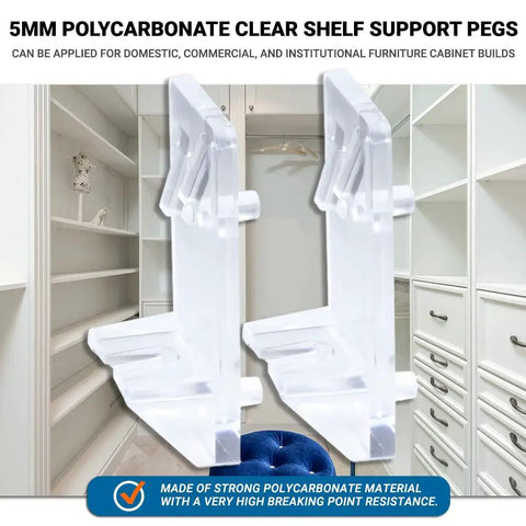 Tough As Nails 12 Pack Clear Polycarbonate Cabinet Shelf Support Pins With Self Locking Heavy Duty Design in modern closet.