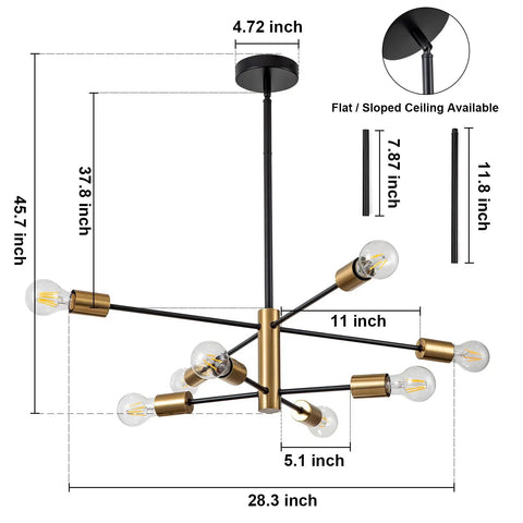 Eight Light Sputnik Chandelier In Black And Gold, Modern Industrial Vintage Ceiling Fixture With Adjustable Height, Perfect For Kitchen Island, Living Room, Bedroom, Hallway Or Foyer, Mid Century Inspired Loft Lighting