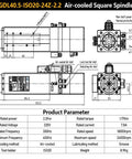 Battle Tested Air Cooled Square Spindle Motor For Cnc Routers 2.2Kw technical drawing with dimensions and specifications.