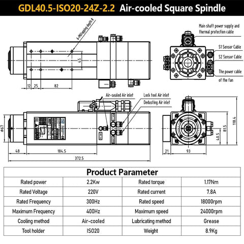 Battle Tested Air Cooled Square Spindle Motor For Cnc Routers 2.2Kw technical drawing with dimensions and specifications.