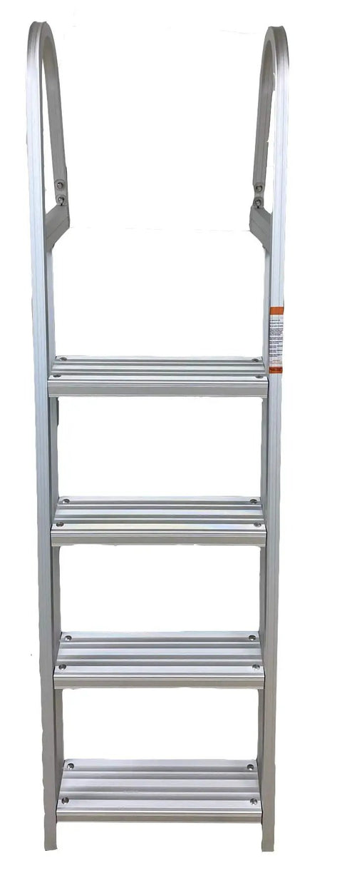 Heavy Duty Aluminum Pontoon Dock Boarding Ladder With Four Wide Steps And 15 Degree Angled Design, tall handrails, front view