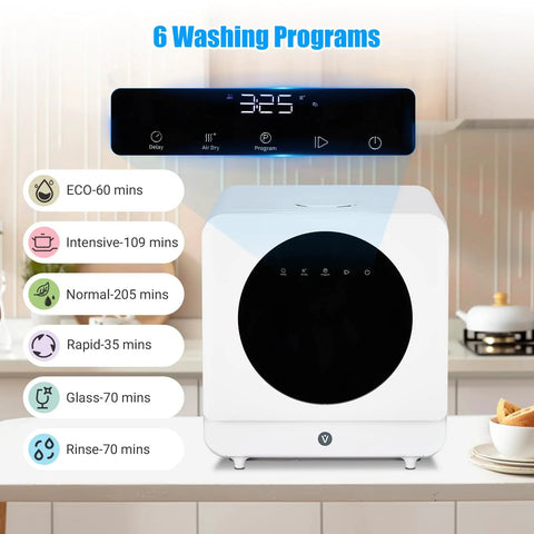 Slick Portable Countertop Dishwasher With Five Liter Tank And Six Wash Cycles showing control panel with six washing programs.