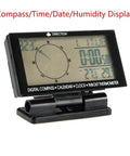 Digital car thermometer in black with blue backlight; compass, clock and date on a 3.9-inch LCD display