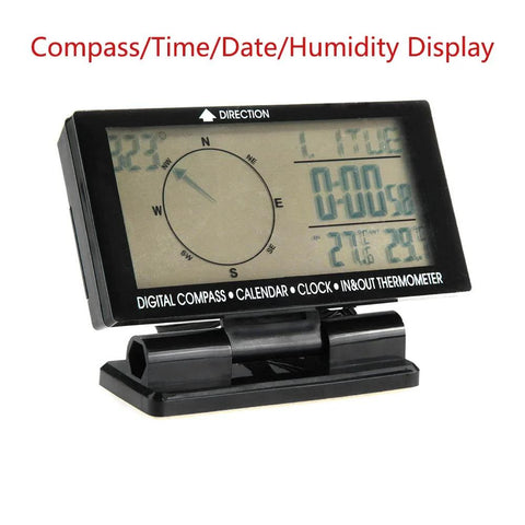 Digital car thermometer in black with blue backlight; compass, clock and date on a 3.9-inch LCD display