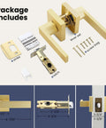 Package contents of 2 Pack Gold Dummy Door Handles For Interior Doors, including lever set, strike, latch, and screws.