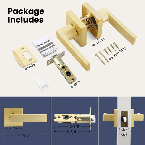 Package contents of 2 Pack Gold Dummy Door Handles For Interior Doors, including lever set, strike, latch, and screws.