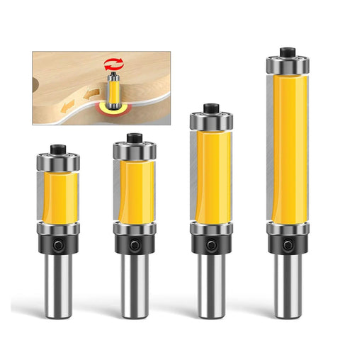 Premium 1 Pc 12Mm Shank Pattern Router Bit With Dual Top Bottom Bearings For Smooth Guided Trim On Wood Carving And DIY Projects Featuring Solid 3/4In Cutter Diameter For Super Duper Results, showcasing various sizes.