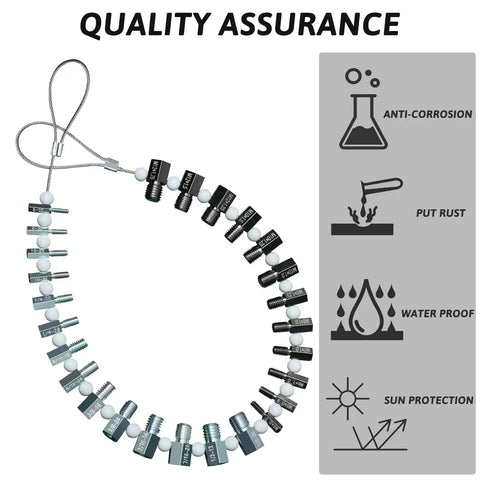 Nut And Bolt Thread Checker Set With 26 Male And Female Gauges SAE Inch And Metric Quick Size And Pitch Verification For Nuts And Bolts Complete Gauge Kit For Pros And DIY Projects with quality assurance icons for corrosion, rust, water, and sun protection.