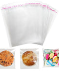Clear 4x4 Inch Resealable Cookie Bags, 200 Pack, with self-sealing strip, shown with cookies and candy wrapped inside, 2.8 mil thick.