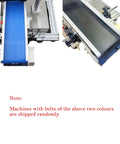 Heavy Duty Automatic Round Bottle Labeling Machine With Conveyor Desktop Applicator showing blue and black conveyor belts.