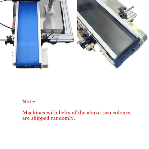 Heavy Duty Automatic Round Bottle Labeling Machine With Conveyor Desktop Applicator showing blue and black conveyor belts.
